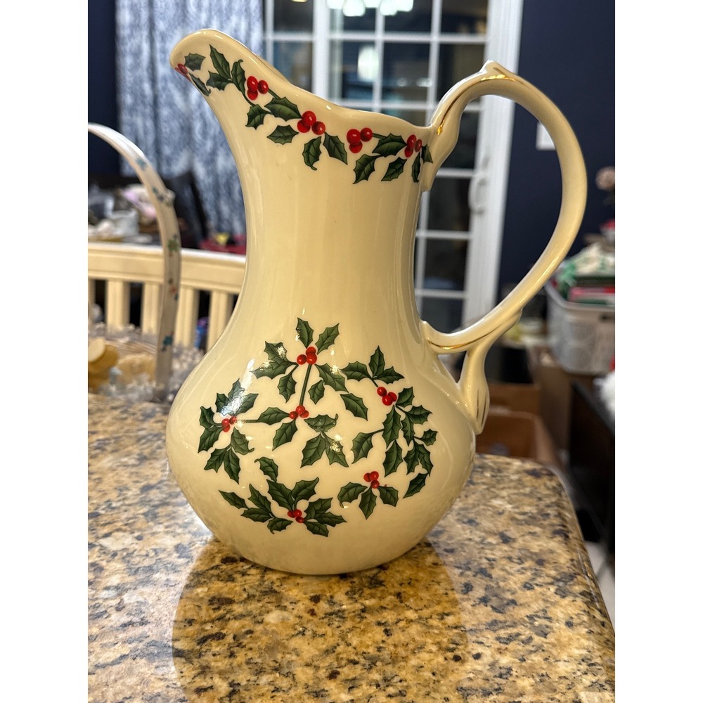 Living Quarters Christmas Holly Berry Ceramic Pitcher Gold Trim Holiday Decor